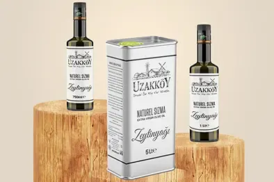 Uzakköy naturel sızma zeytinyağı şişe etiketleri ve teneke ambalaj